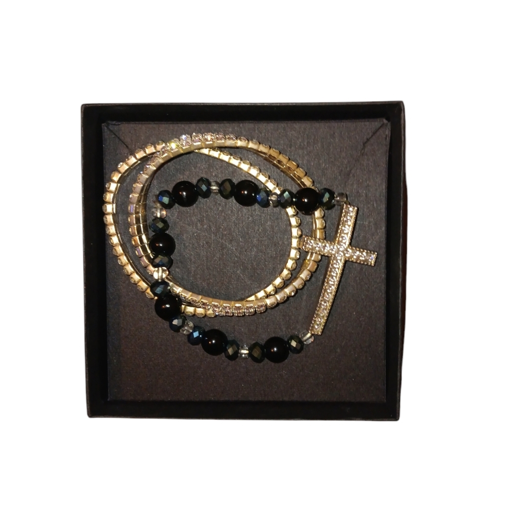 NWOT 3 Piece Stretch Bracelet Set, Silver Crystal Cross